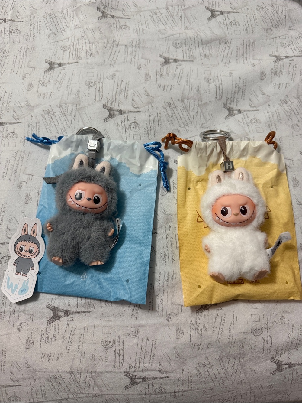 Two mini small labubus  Keychain Charm - White and Gray, letters W and H